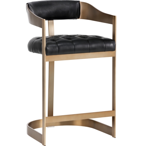 Beaumont Counter Stool in Tufted Black Leather & Antique Brass